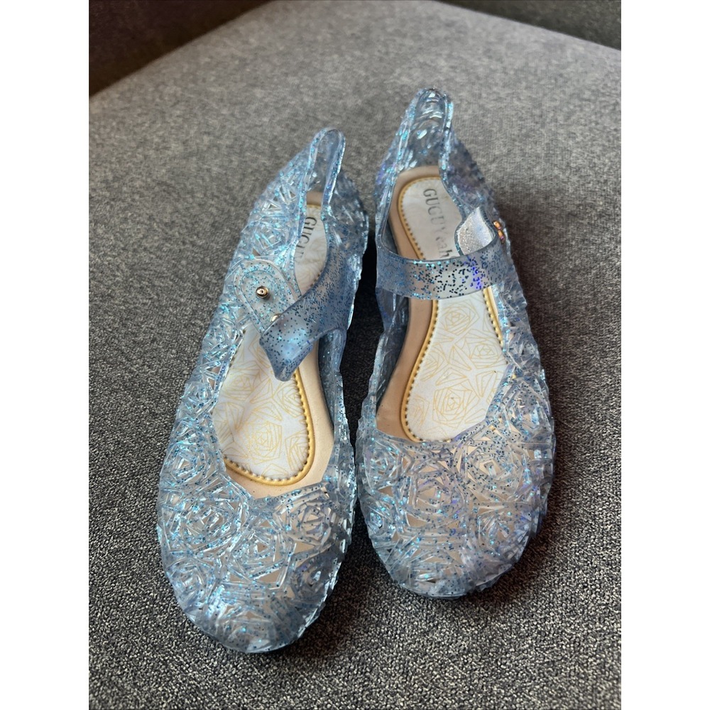 GUGUYeah Jelly Shoes Kids Size 31 Blue Glitter Rose Cutout Mary Jane Flats